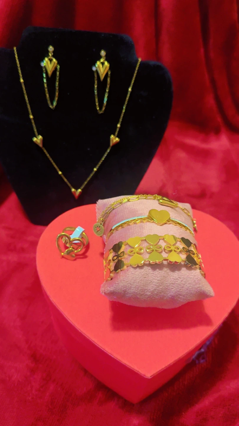 Gold Heart Necklace, Earrings, Bracelet, and Ring Set - photo 2