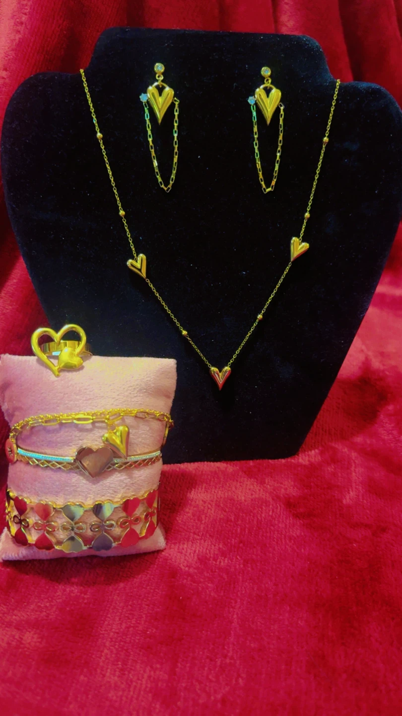Gold Heart Necklace, Earrings, Bracelet, and Ring Set
