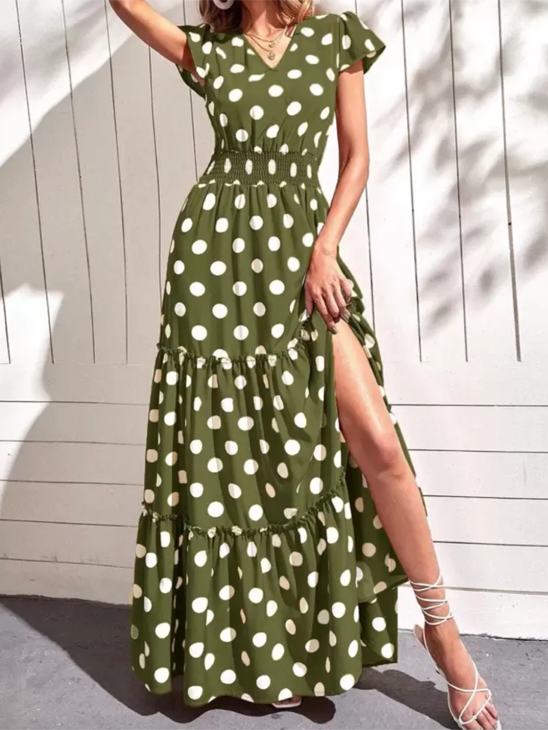 Women's Polka Dot Maxi Dress - Olive Green