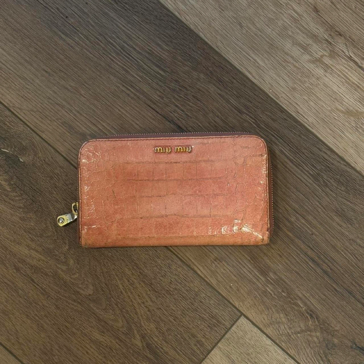 Miu Miu Pink Crocodile Embossed Leather Wallet