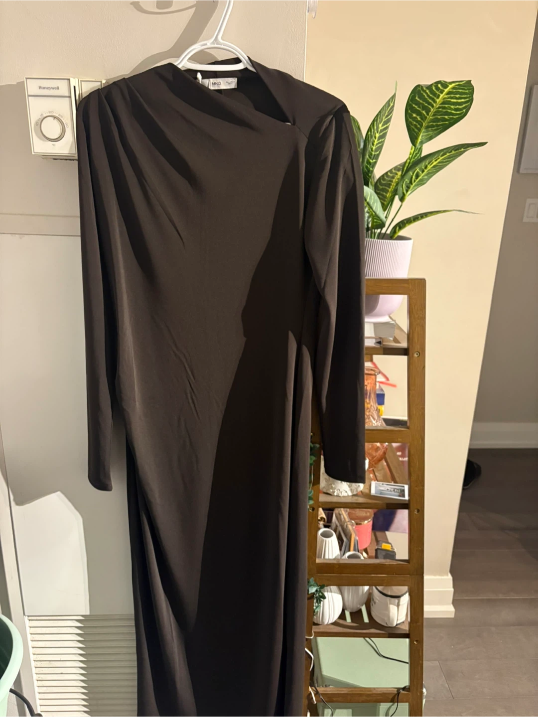 NEW Mango Chocolate Long Sleeve Asymmetrical Neck Dress - photo 3