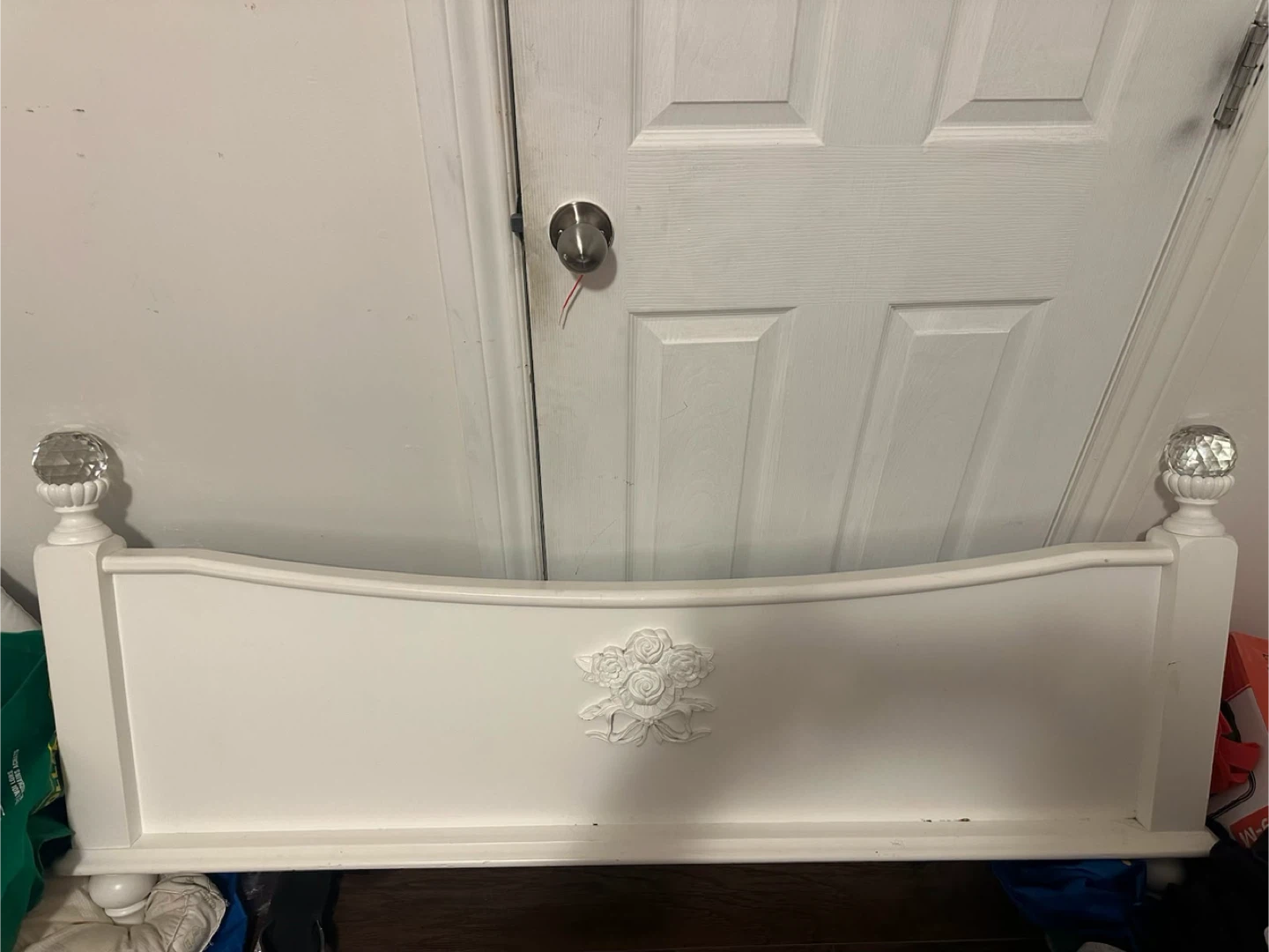 White Tufted Headboard Bed Frame with Rose Detail