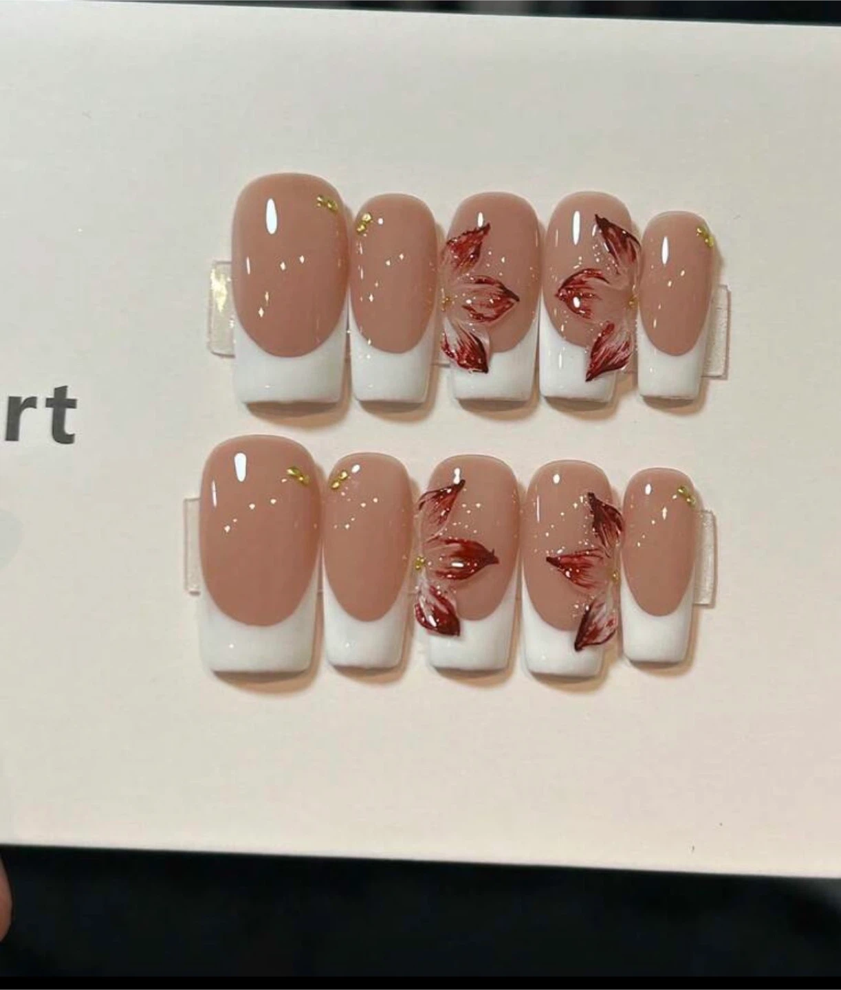 Press-on French Tip Nails with Floral Design