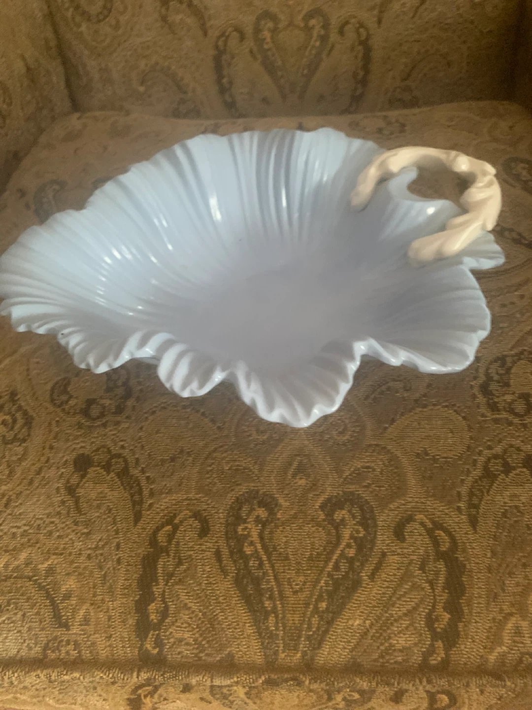 Antique Light Blue Scalloped Decorative Bowl with Handle