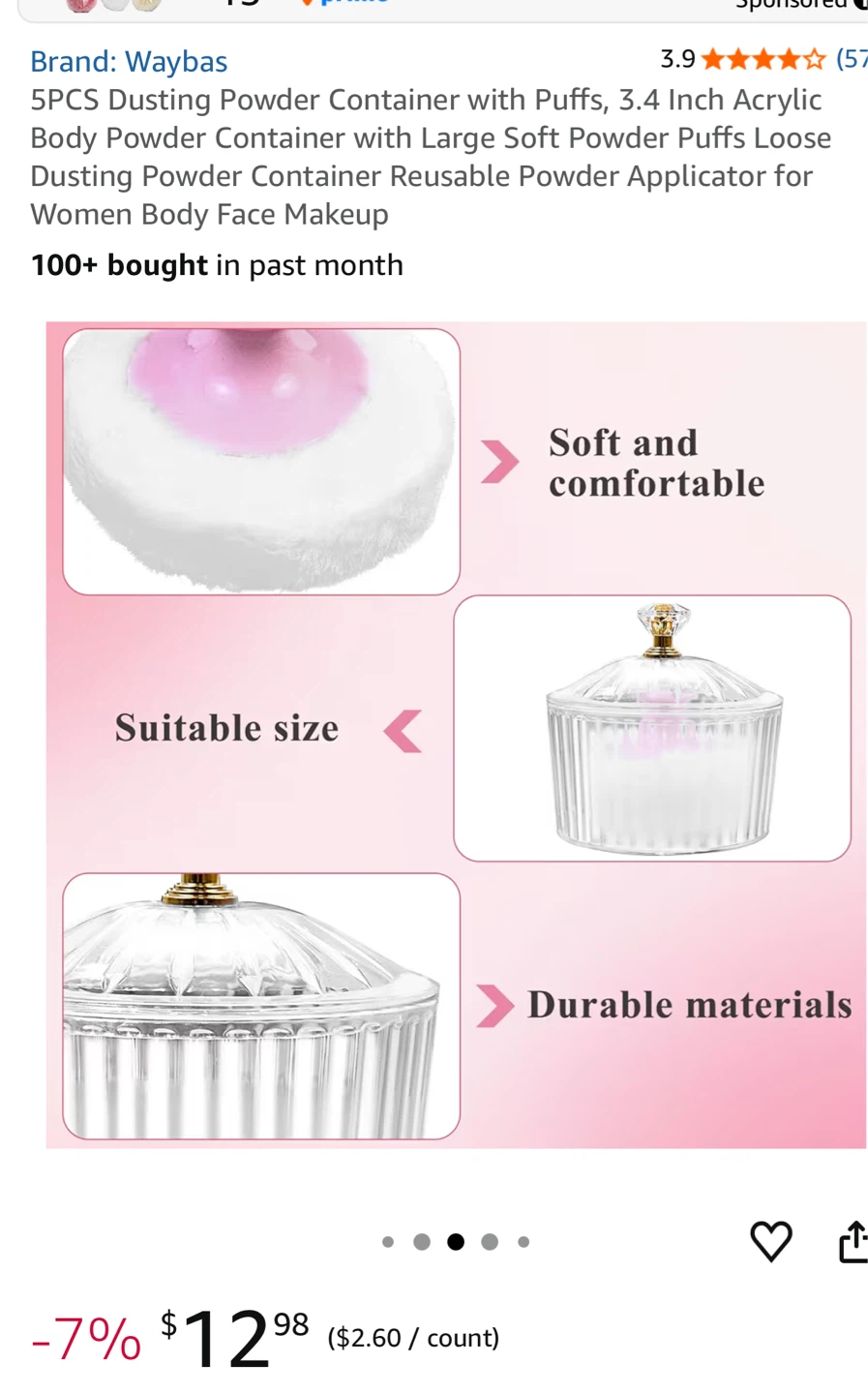 Waybas 5PCS Acrylic Powder Container with Puffs