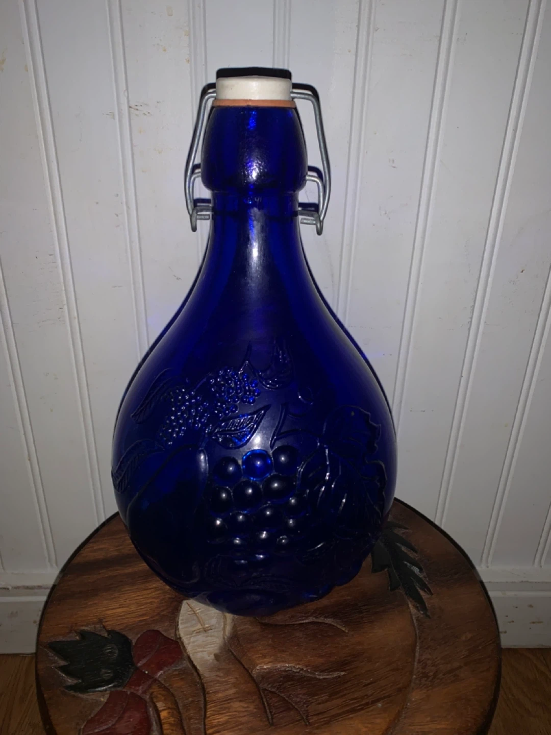 Cobalt Blue Glass Bottle with Grape Embossing