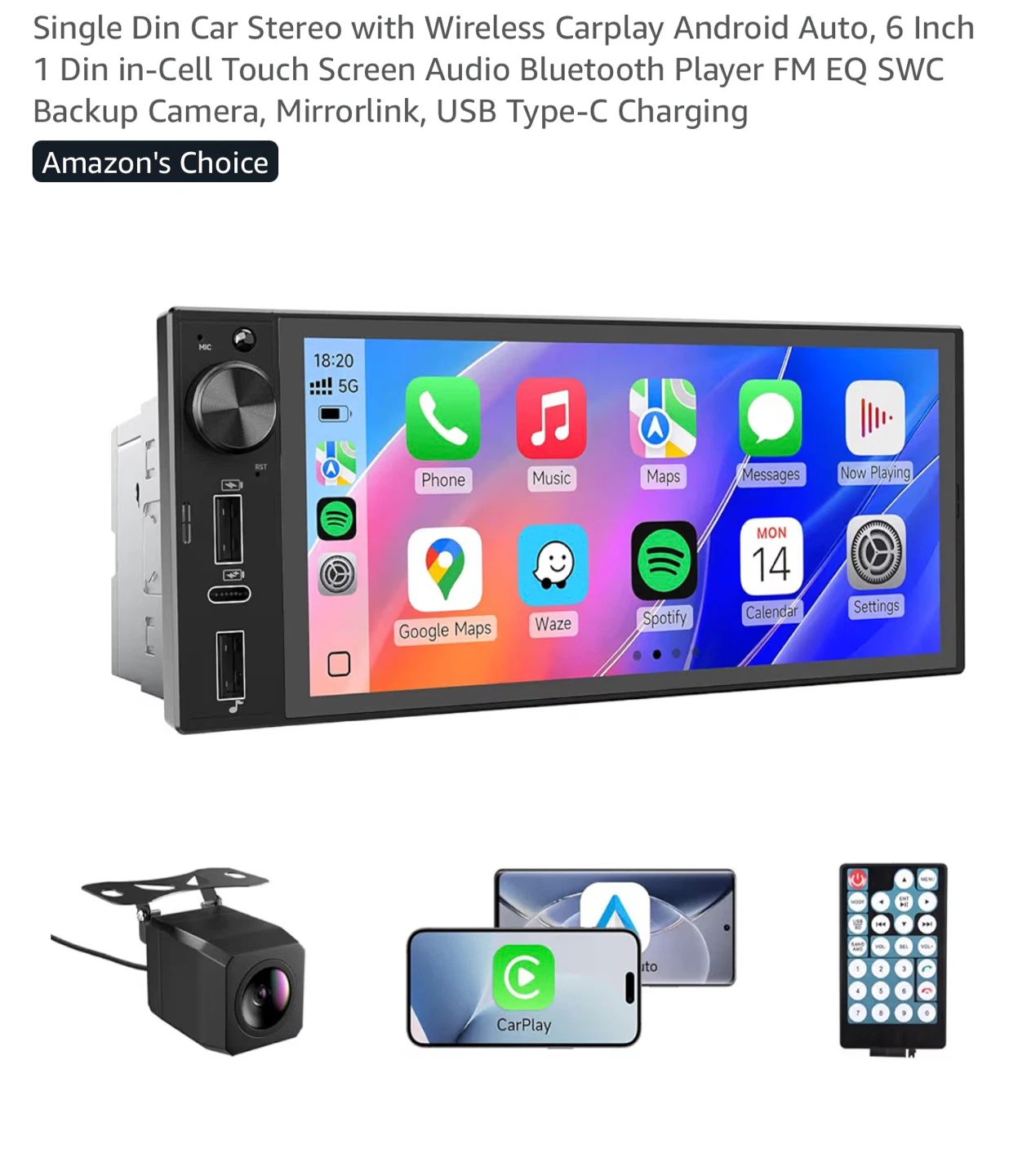Single Din Car Stereo with Wireless CarPlay Android Auto