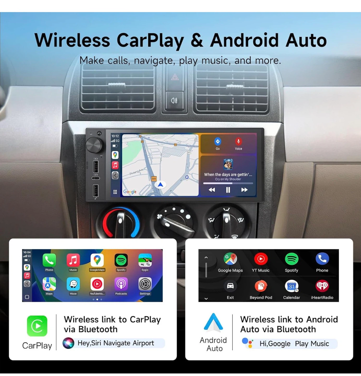 Single Din Car Stereo with Wireless CarPlay Android Auto - photo 2