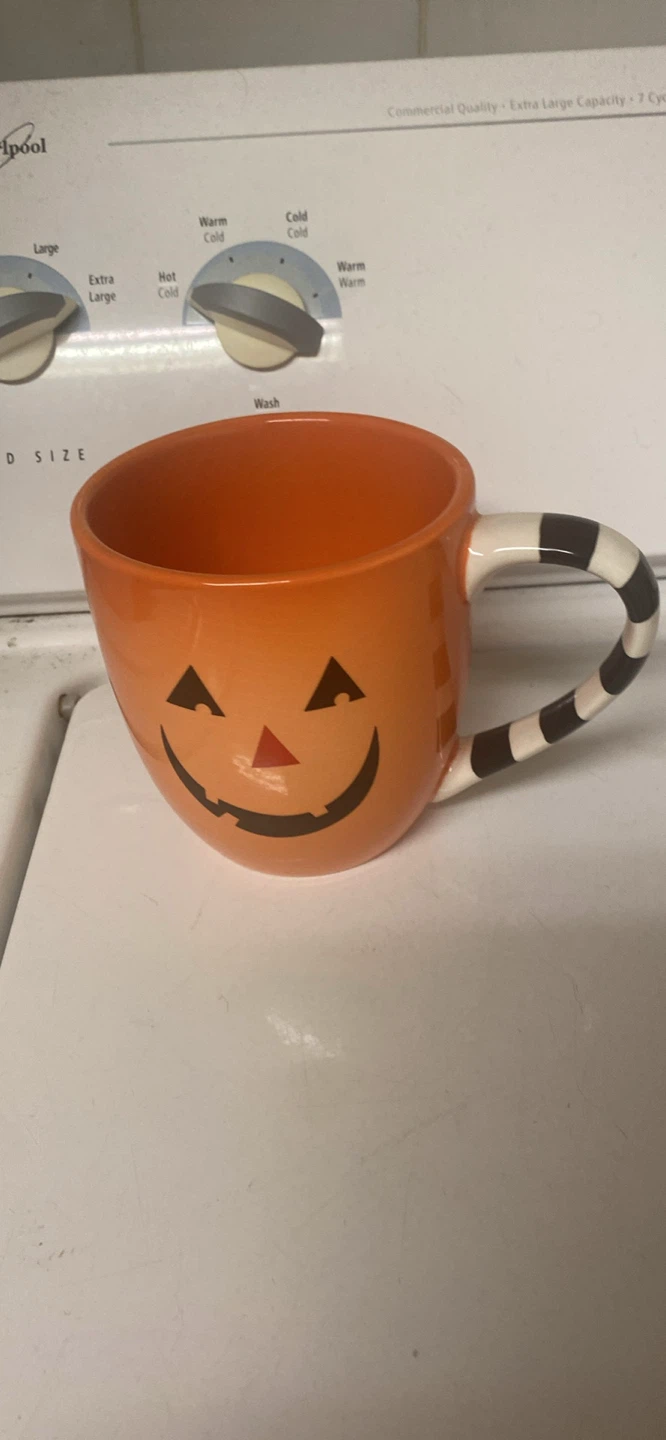 Orange Pumpkin Face Mug with Striped Handle