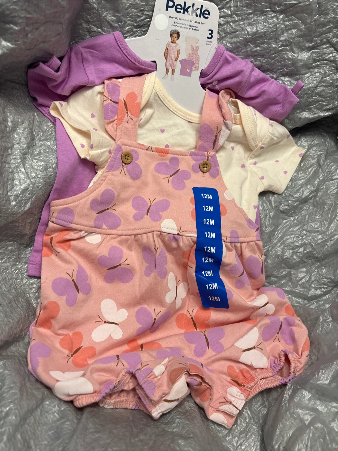 Pekkle Baby Girls 3-Piece Overall, Bodysuit & T-Shirt Set - 12M