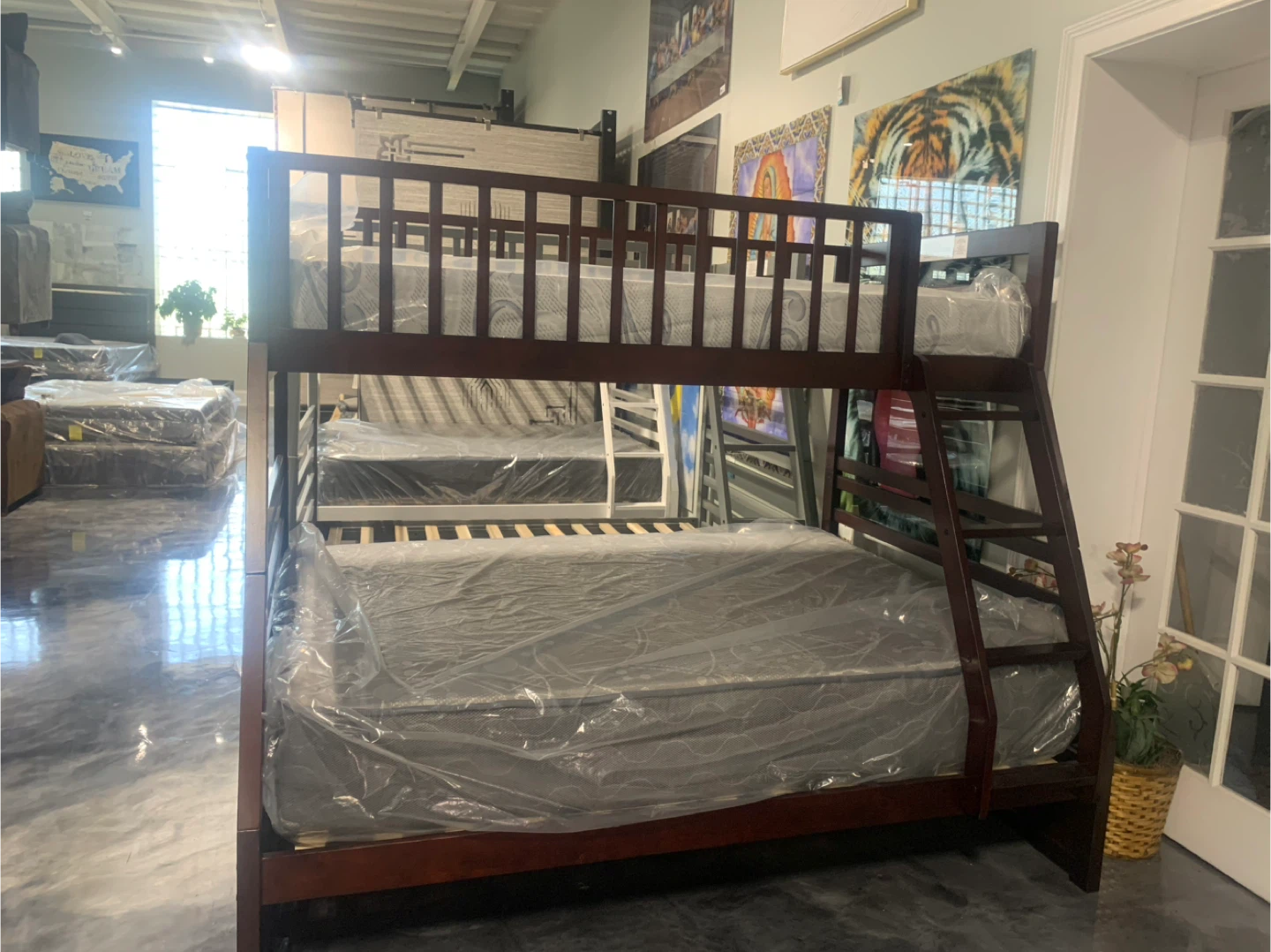 Wooden Bunk Bed Frame full y twin with Mattresses