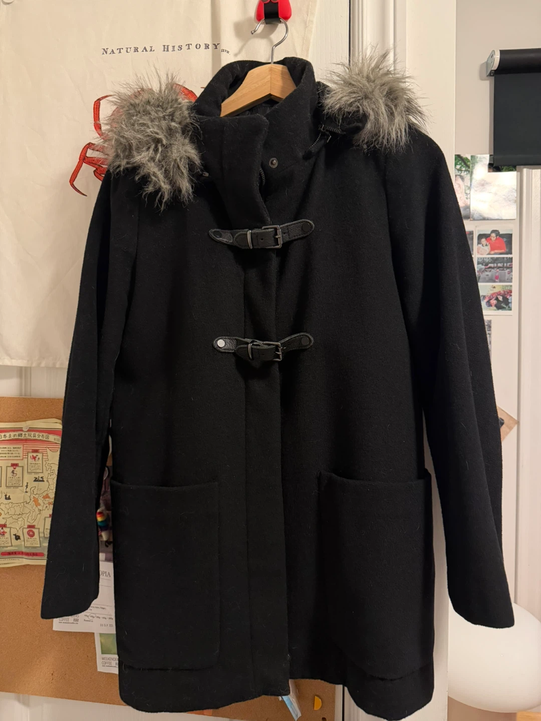 Mango Black Toggle Coat with Faux Fur Hood