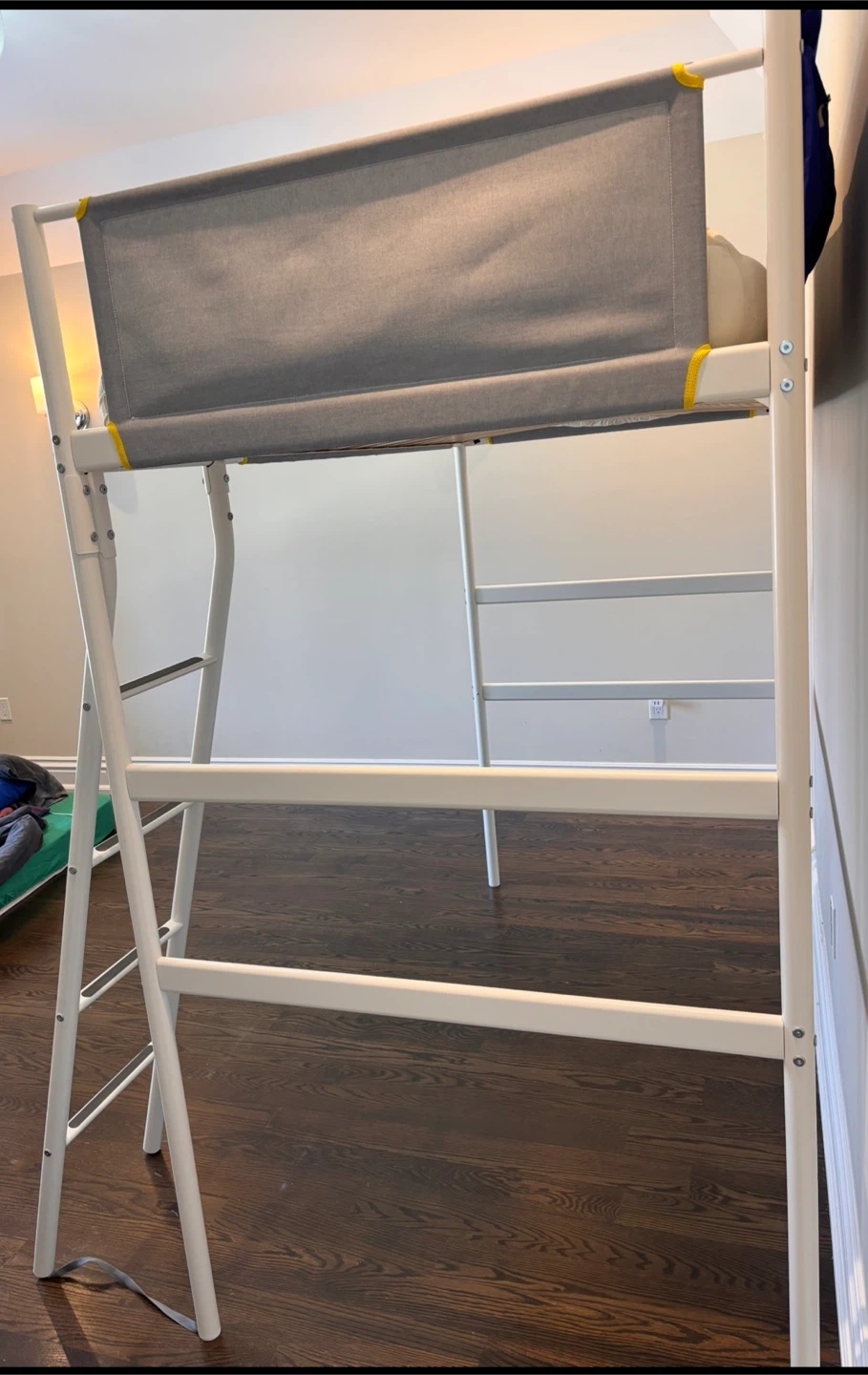 White IKEA Loft Bed Frame with Grey Fabric Guard Rails - photo 2