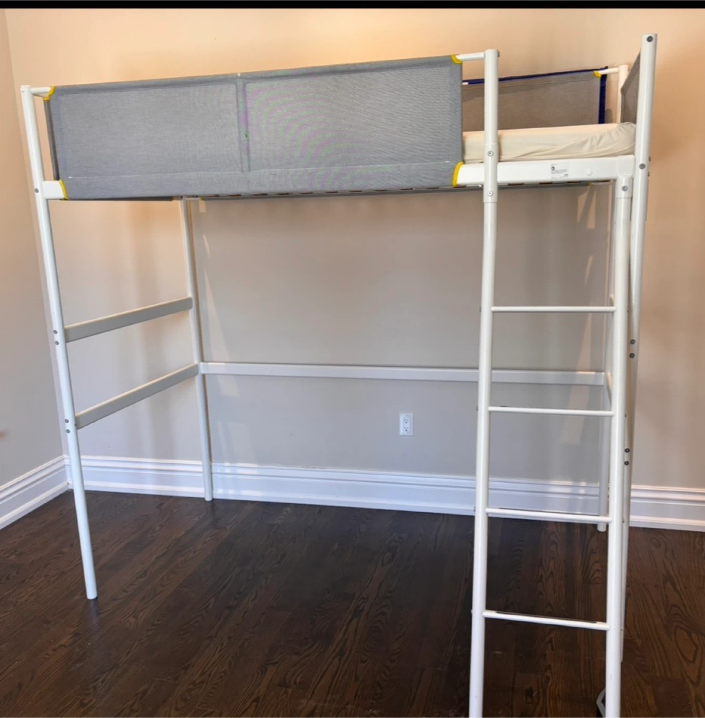 White IKEA Loft Bed Frame with Grey Fabric Guard Rails