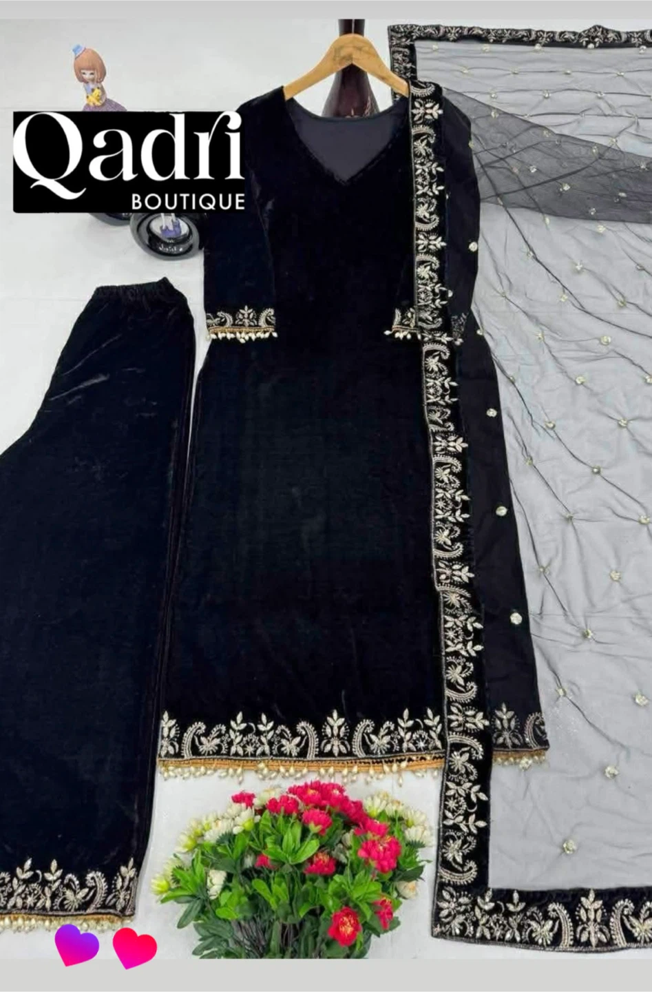 Black Velvet 3-Piece Suit with Dupatta