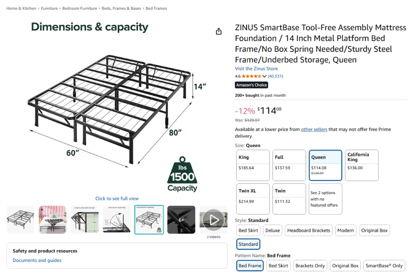 Zinus SmartBase 14 Inch Queen Metal Platform Bed Frame