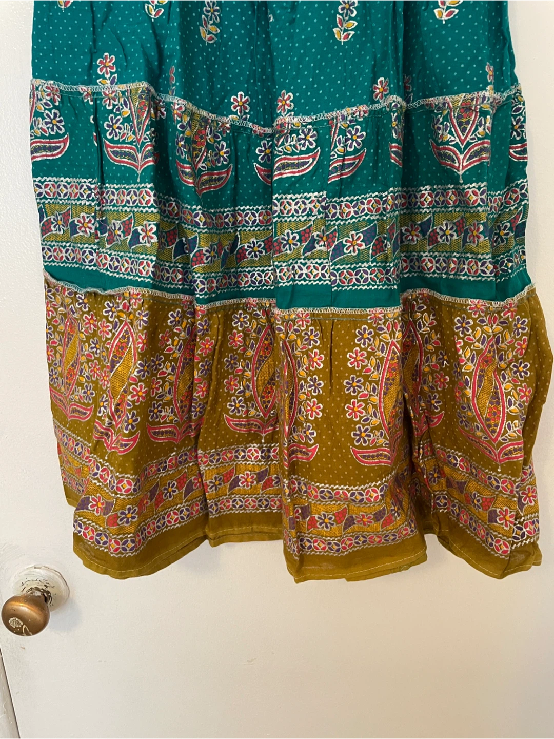 Tiered Boho Maxi Skirt - Teal and Mustard Floral Print - photo 4