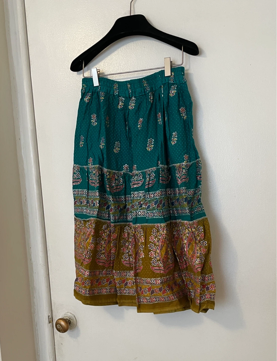 Tiered Boho Maxi Skirt - Teal and Mustard Floral Print - photo 5