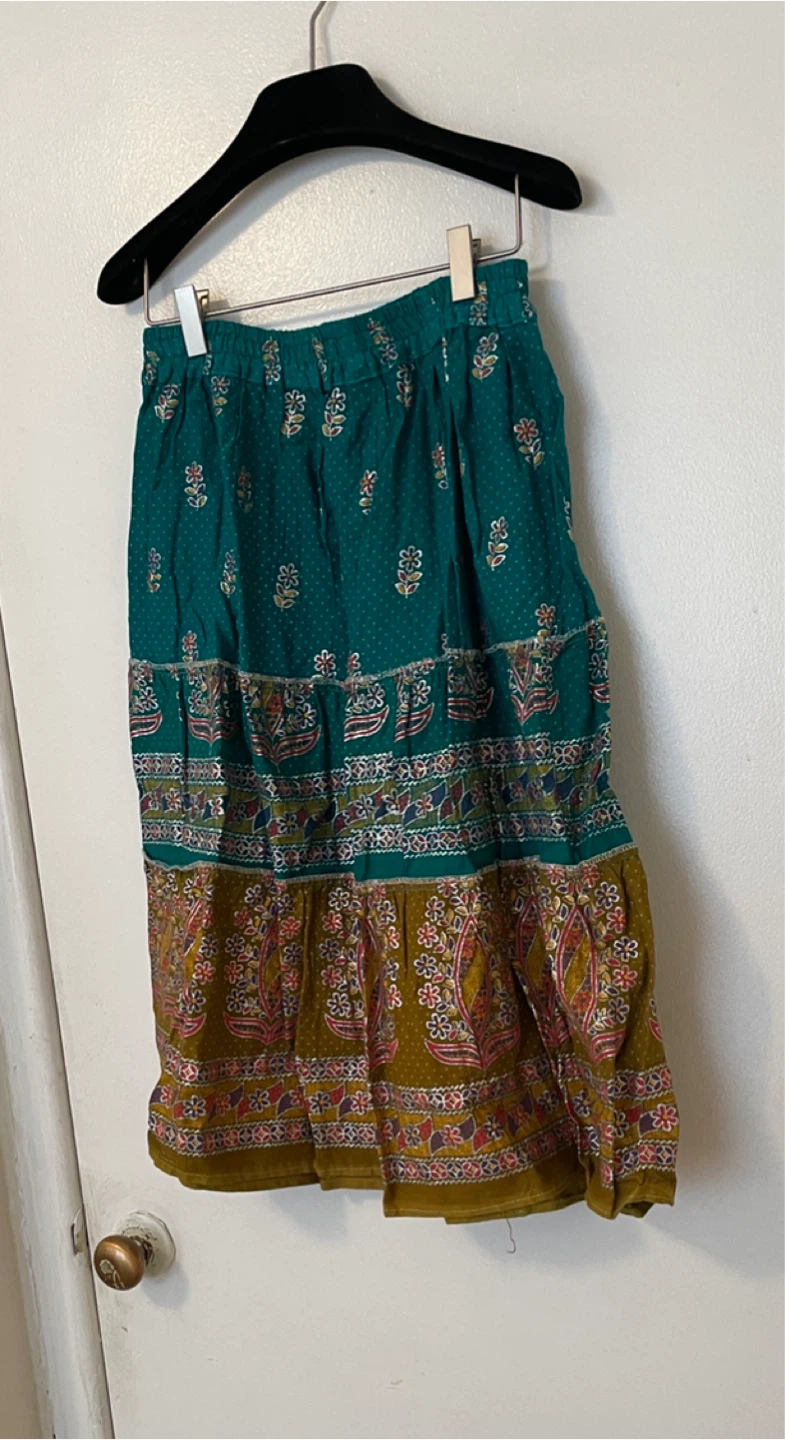 Tiered Boho Maxi Skirt - Teal and Mustard Floral Print - photo 2