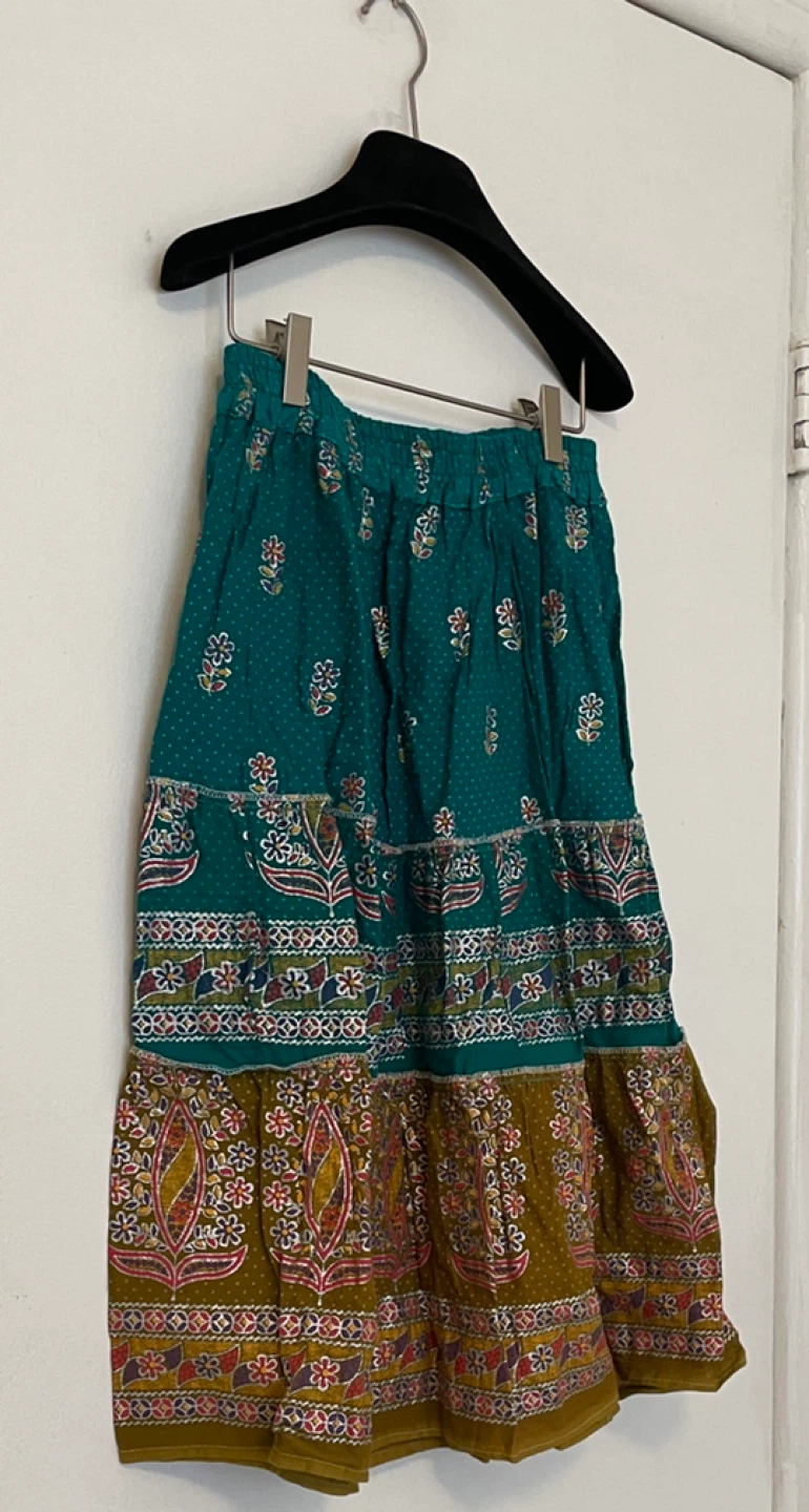 Tiered Boho Maxi Skirt - Teal and Mustard Floral Print - photo 3