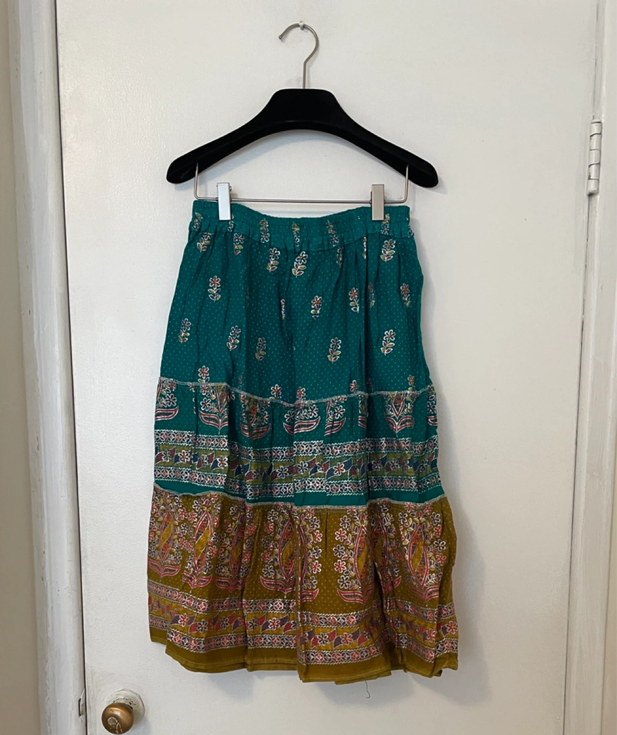 Tiered Boho Maxi Skirt - Teal and Mustard Floral Print