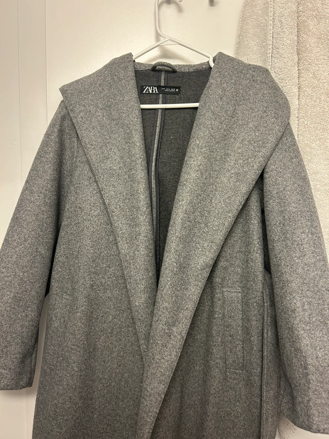 Zara Grey Hooded Belted Wool Blend Coat