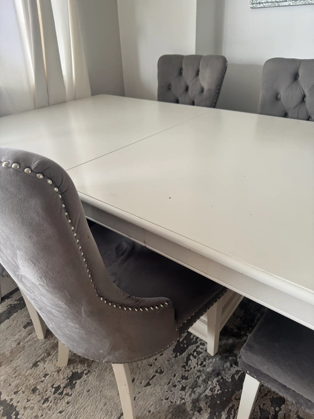 White Dining Table with Grey Tufted Chairs - photo 2