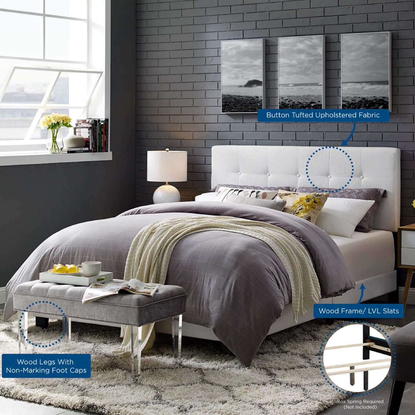 White Upholstered Button Tufted Queen Bed Frame