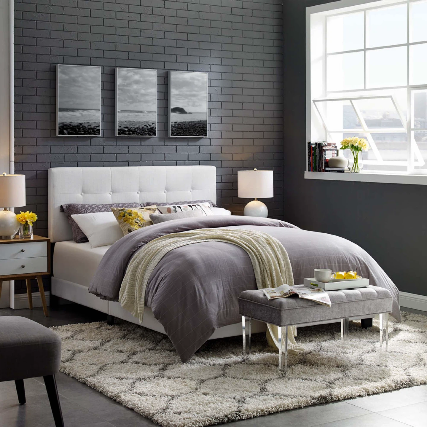 White Upholstered Button Tufted Queen Bed Frame - photo 2