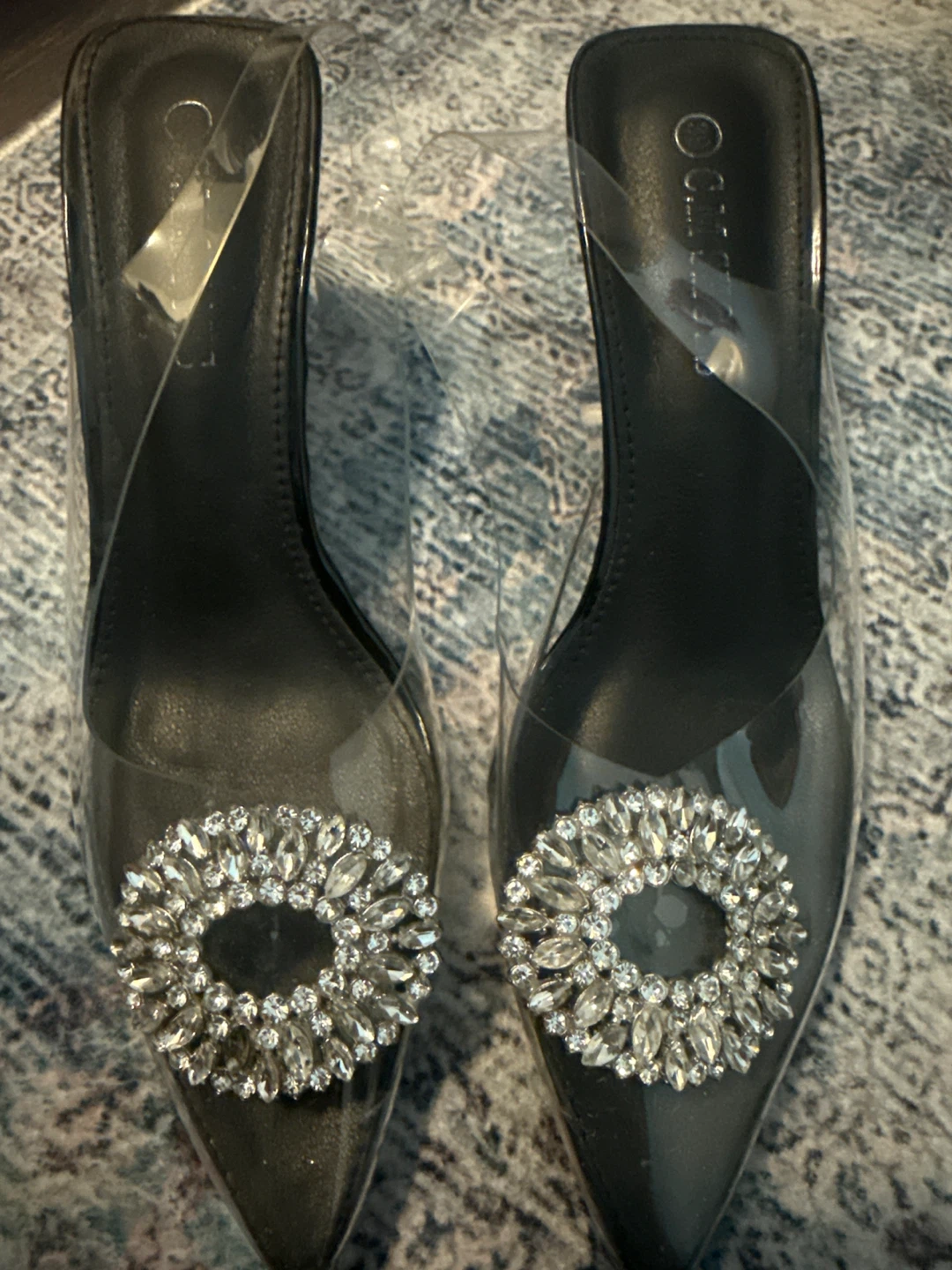 Clear Pointed Toe Mules with Rhinestone Buckle