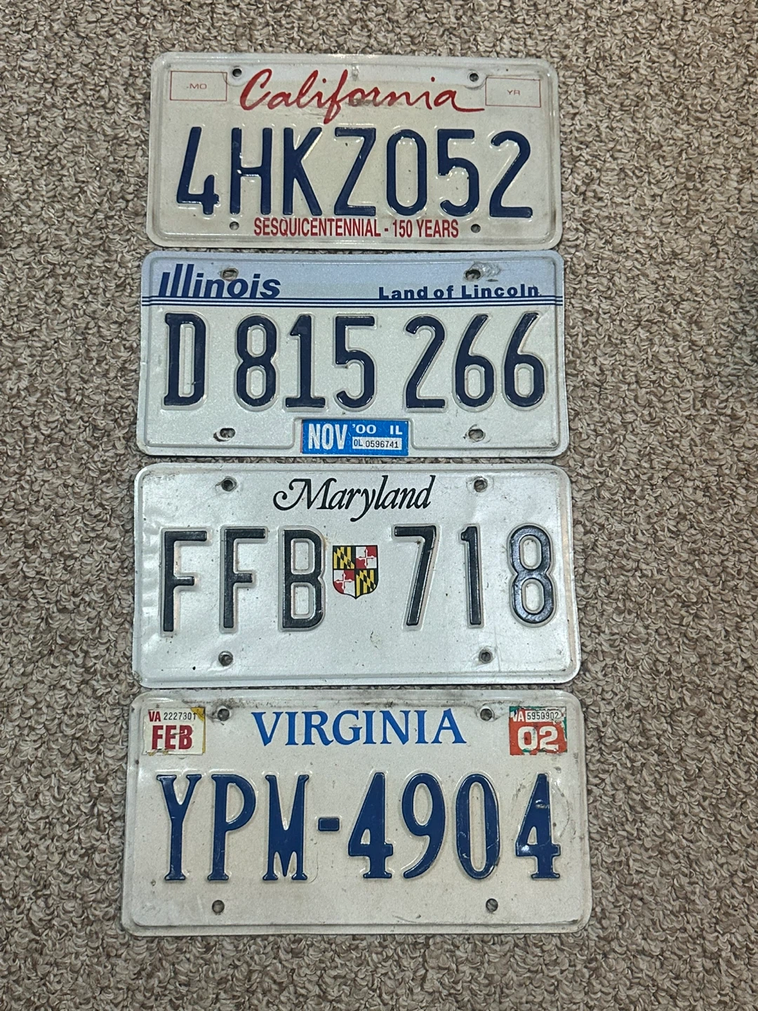 California, Illinois, Maryland, Virginia License Plates