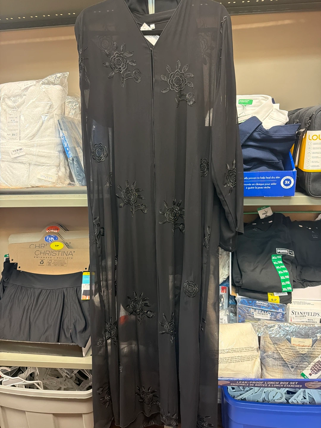 Black chiffon sheer abaya with embroidered floral details - photo 3