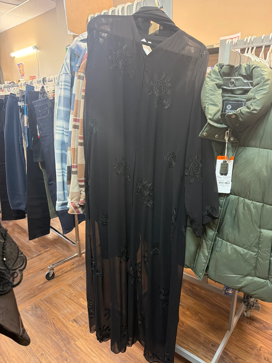 Black chiffon sheer abaya with embroidered floral details