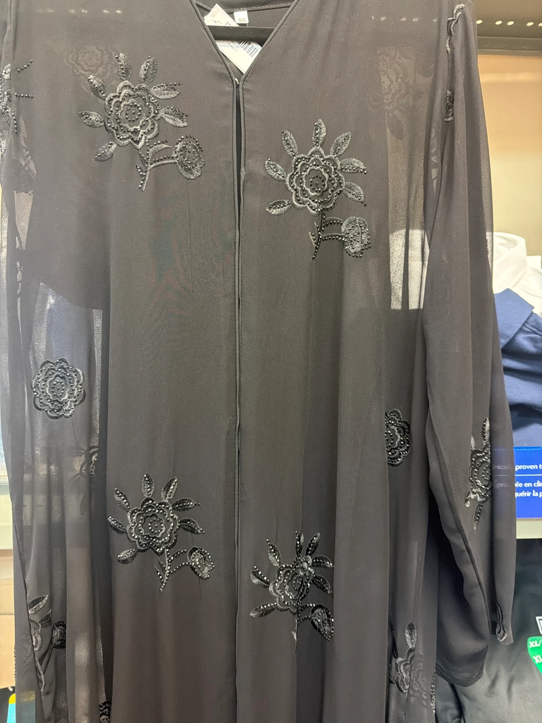 Black chiffon sheer abaya with embroidered floral details - photo 2