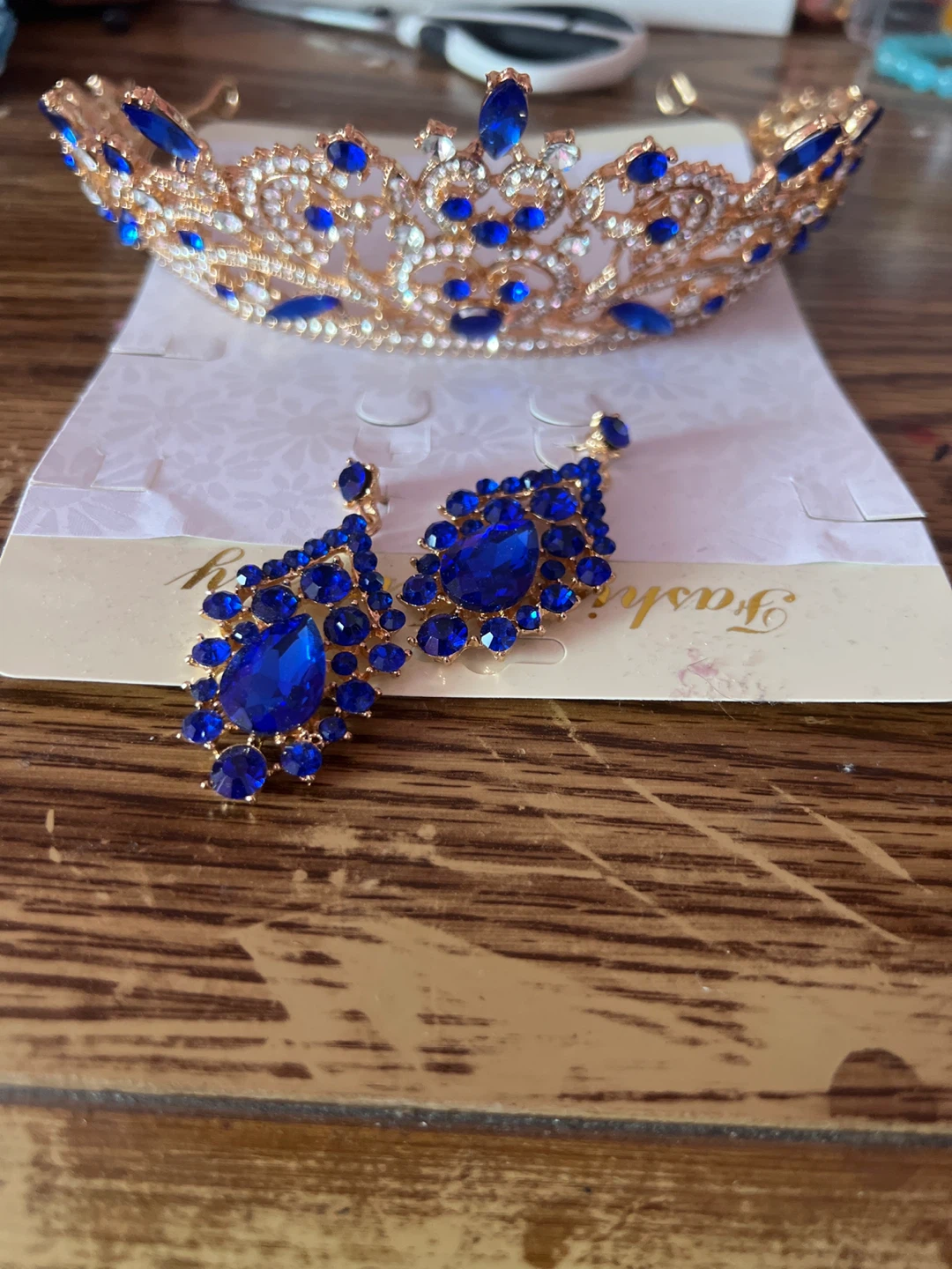 Blue Rhinestone Tiara and Dangle Earring Set