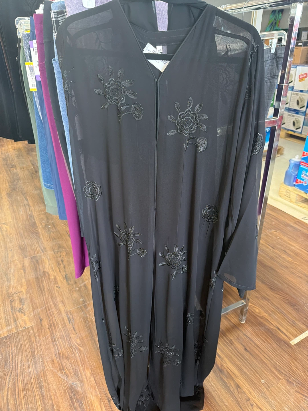Black chiffon sheer abaya with embroidered floral details - photo 5