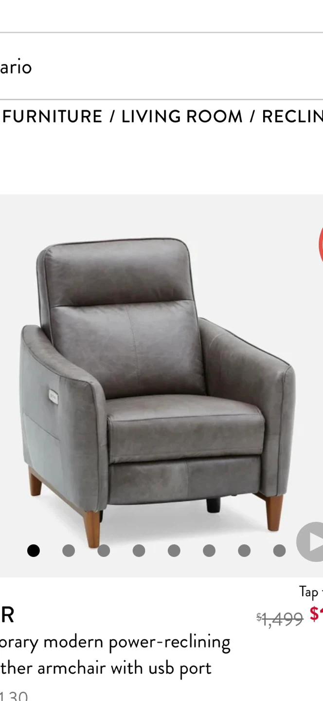 Modern Grey Leather Power Reclining Armchair with USB Port