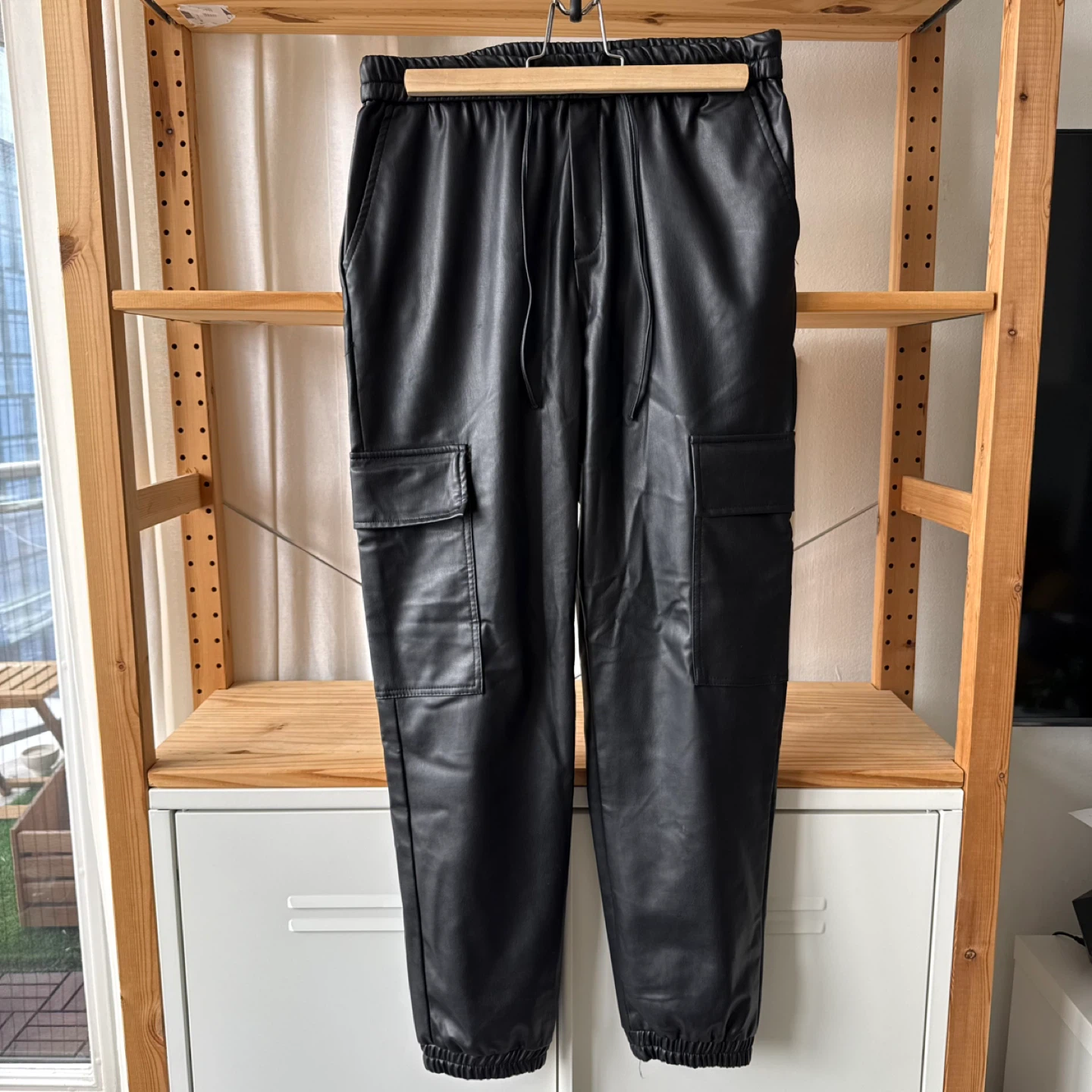 ZARA Black Faux Leather Cargo Jogger Pants