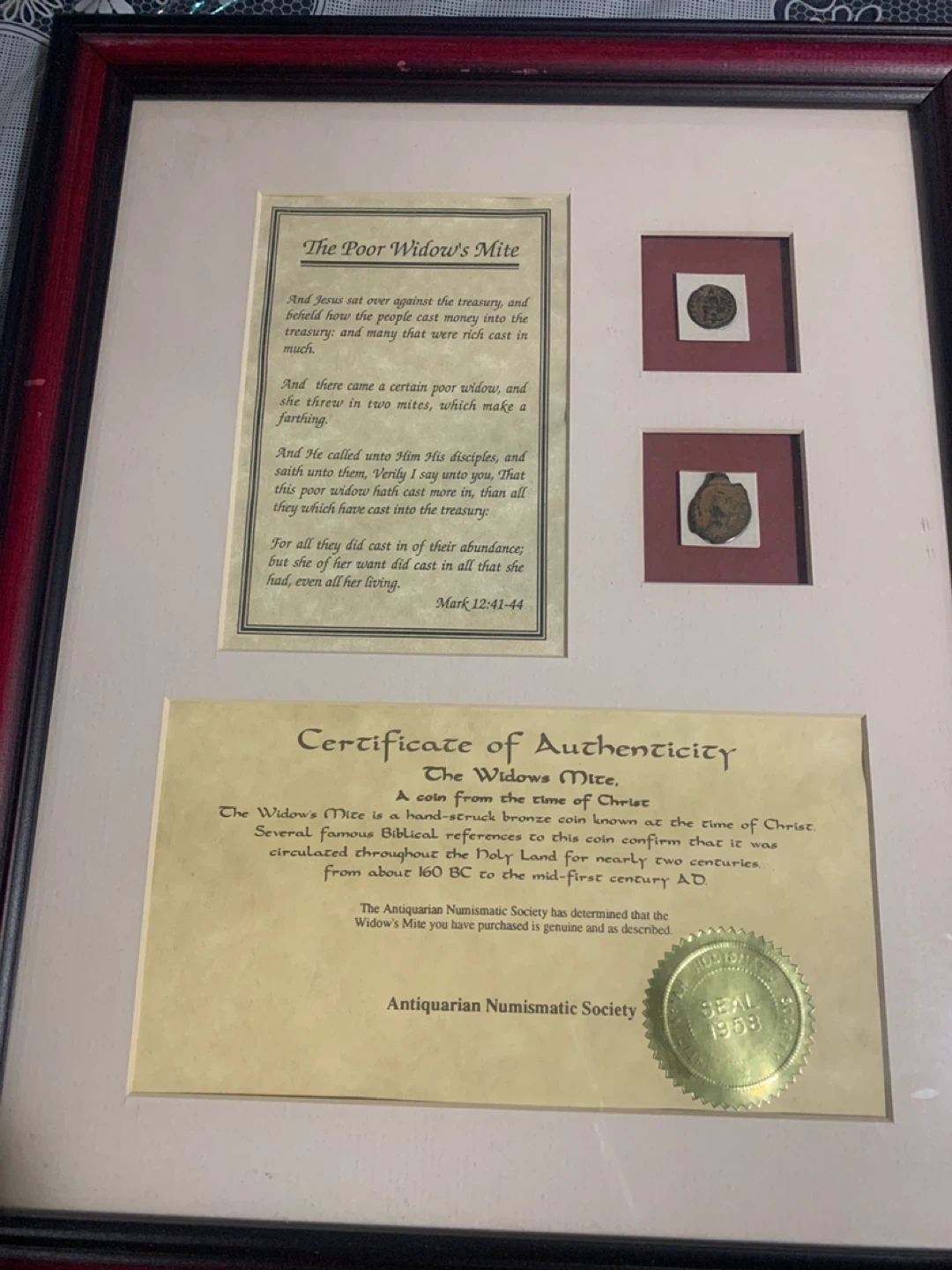 Framed Widow's Mite Coin with Certificate of Authenticity