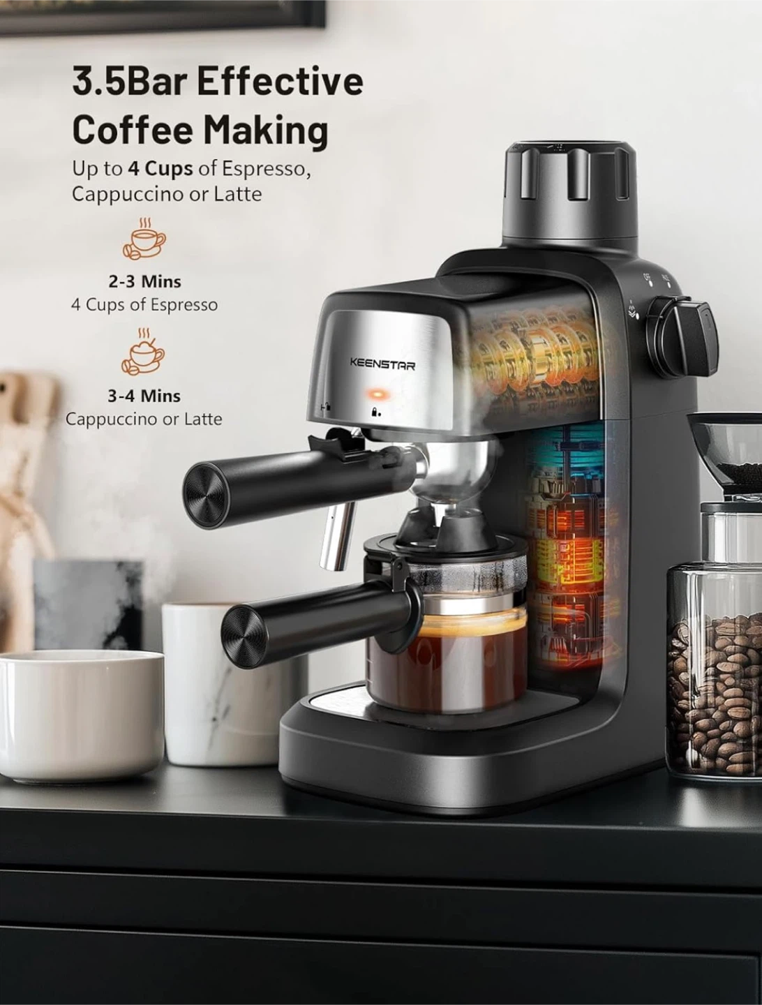 KEENSTAR 3.5Bar 4 Cup Espresso Machine with Milk Frother - photo 2