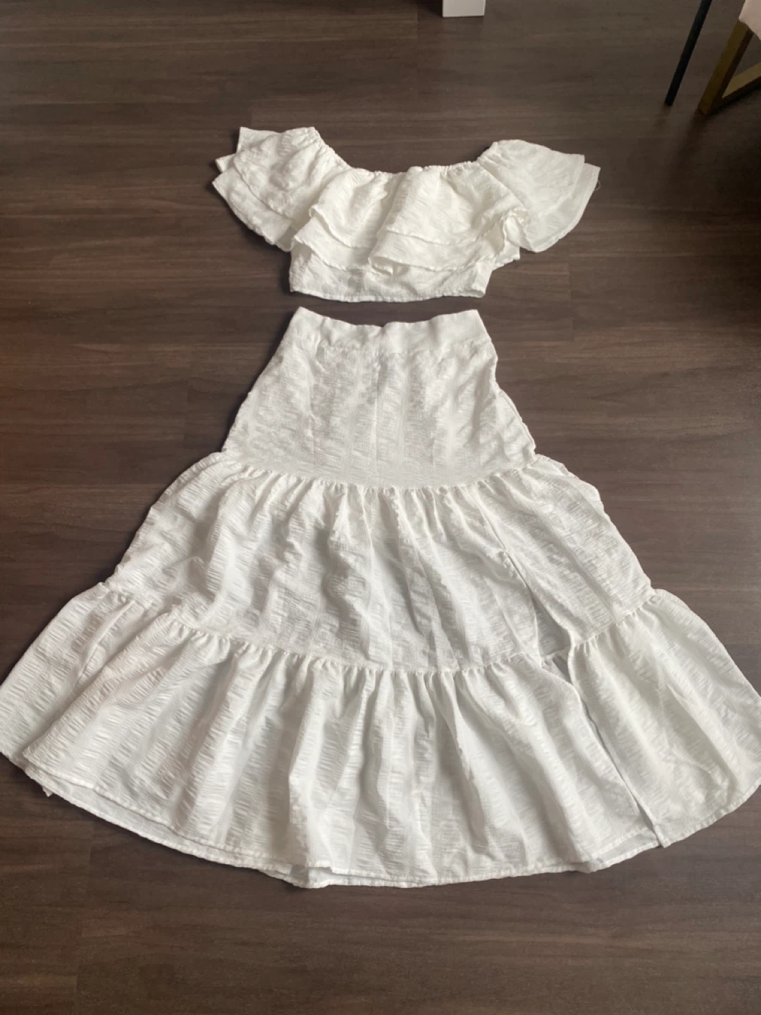 White Forever 21 Off-the-Shoulder Crop Top and Maxi Skirt Set