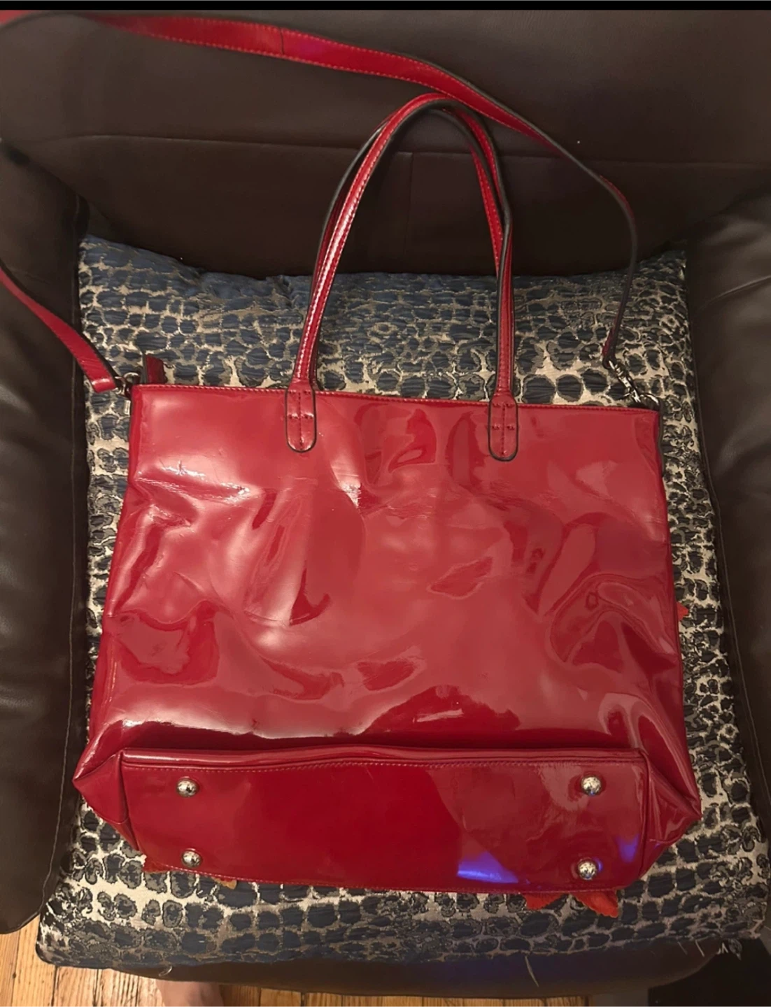 Red Patent Leather Tote Bag with Floral Embellishments - photo 2