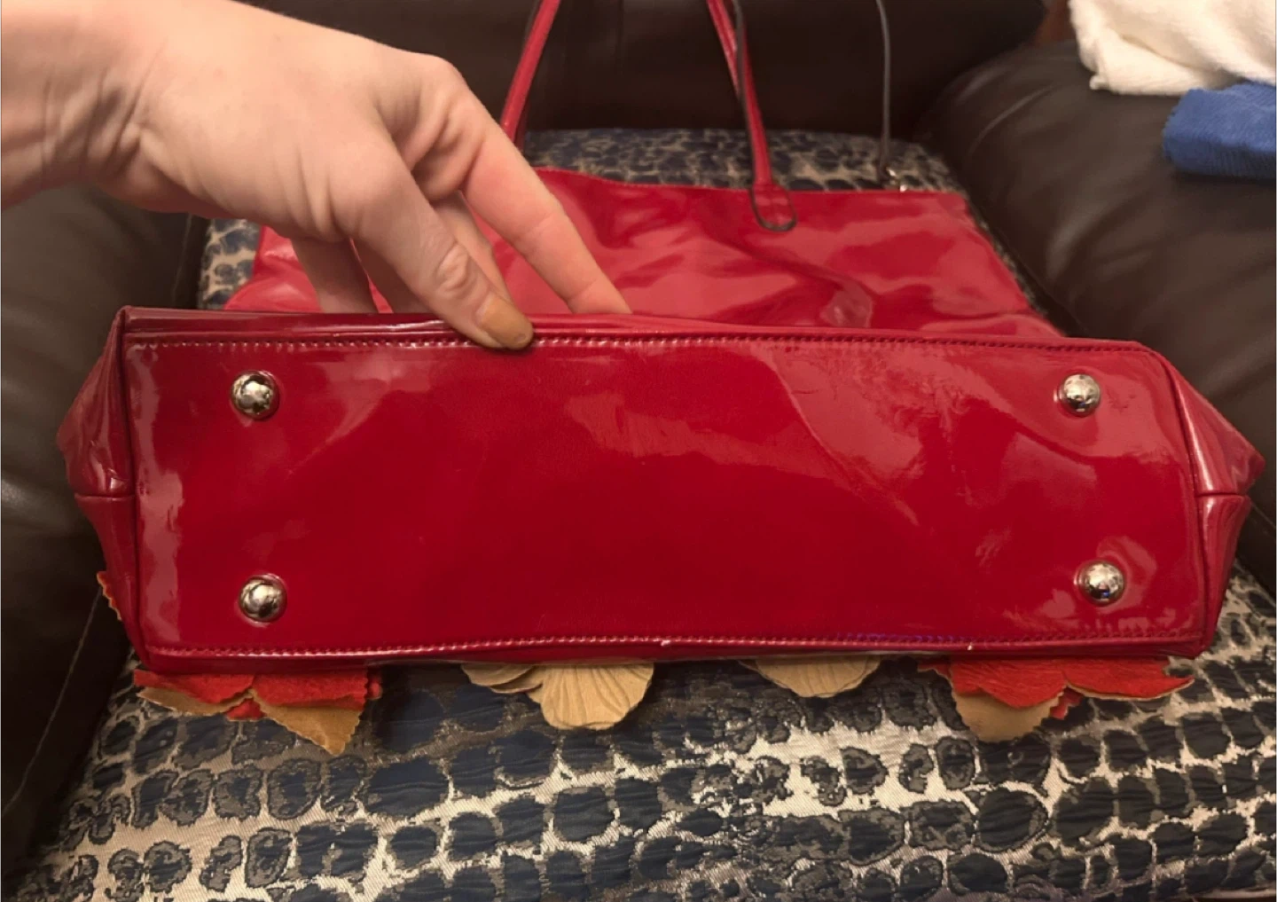 Red Patent Leather Tote Bag with Floral Embellishments - photo 3