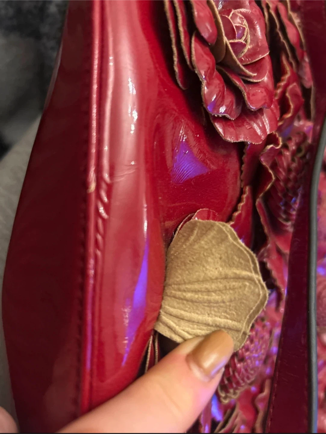 Red Patent Leather Tote Bag with Floral Embellishments - photo 5