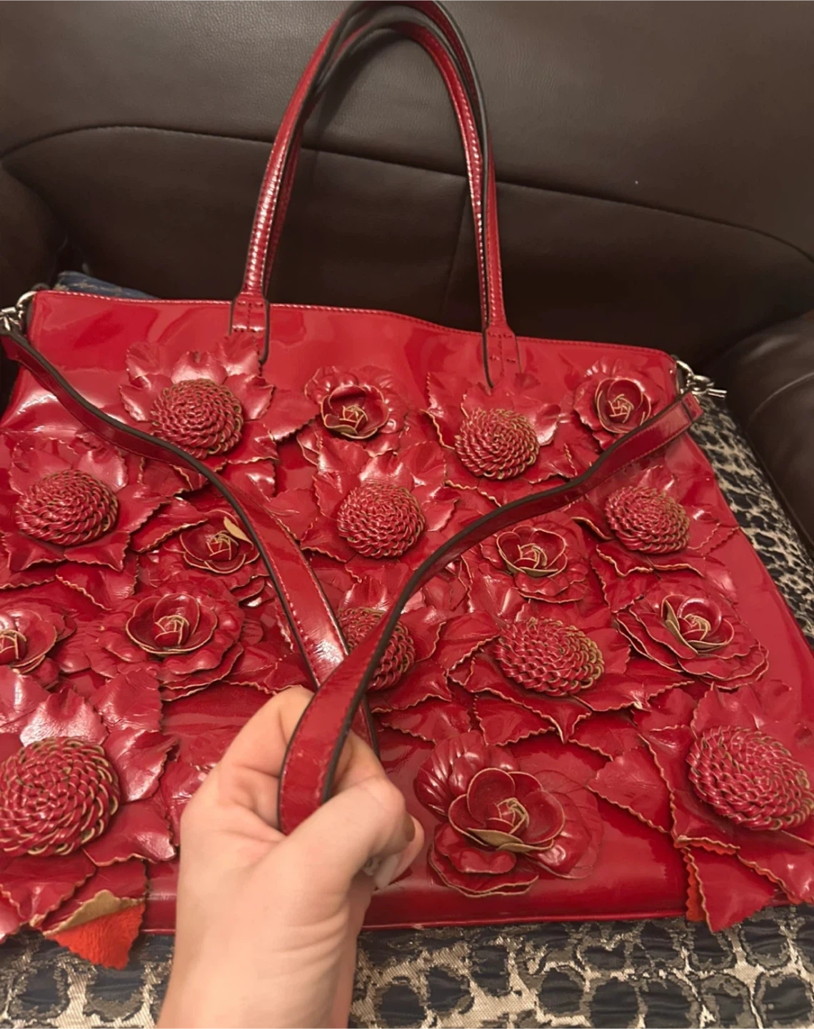 Red Patent Leather Tote Bag with Floral Embellishments - photo 4