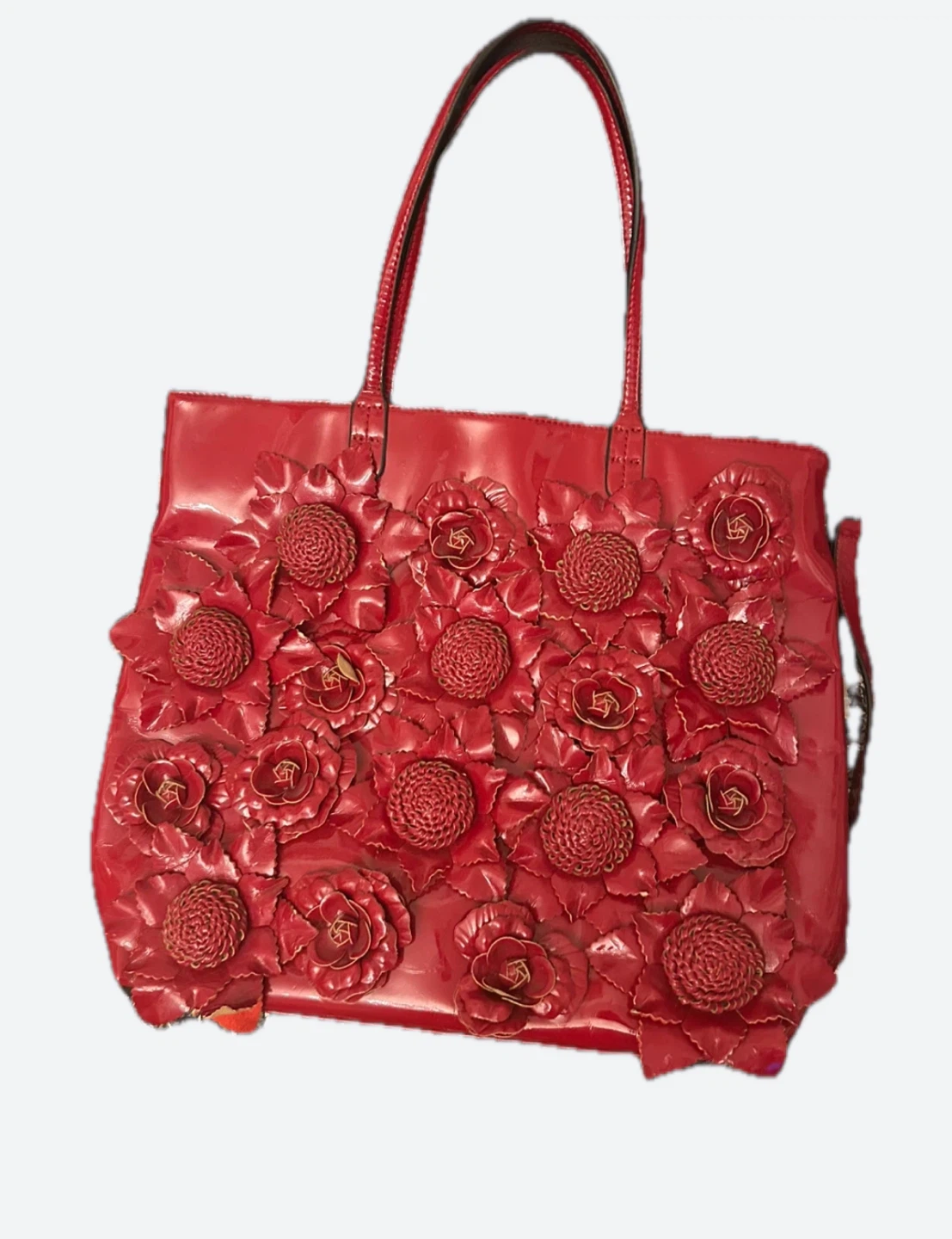 Red Patent Leather Tote Bag with Floral Embellishments
