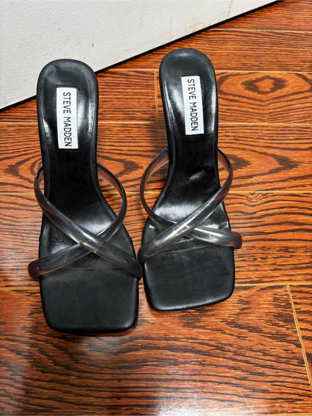 Steve Madden Black Square Toe Heels with Clear Straps