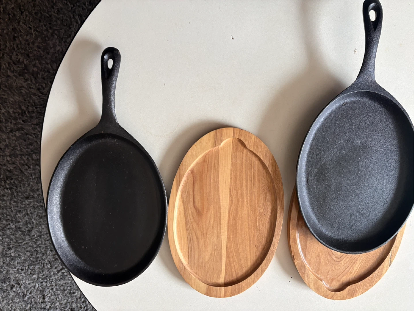 2 Cast Iron Pans with Wooden Bases (price is for both)