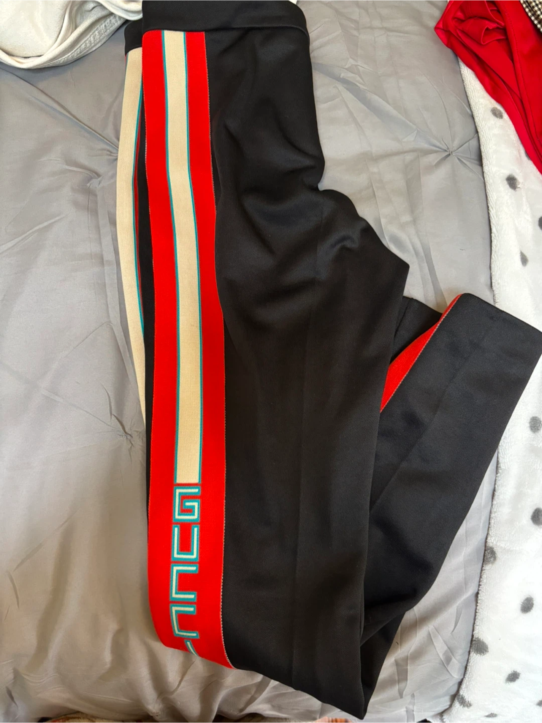 Gucci Black Track Pants with Red and Cream Stripes