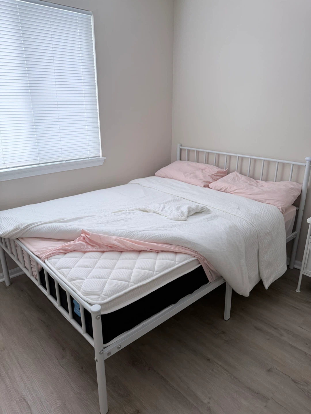 White Metal Full/Queen Bed Frame with Mattress , Nightstand - photo 2